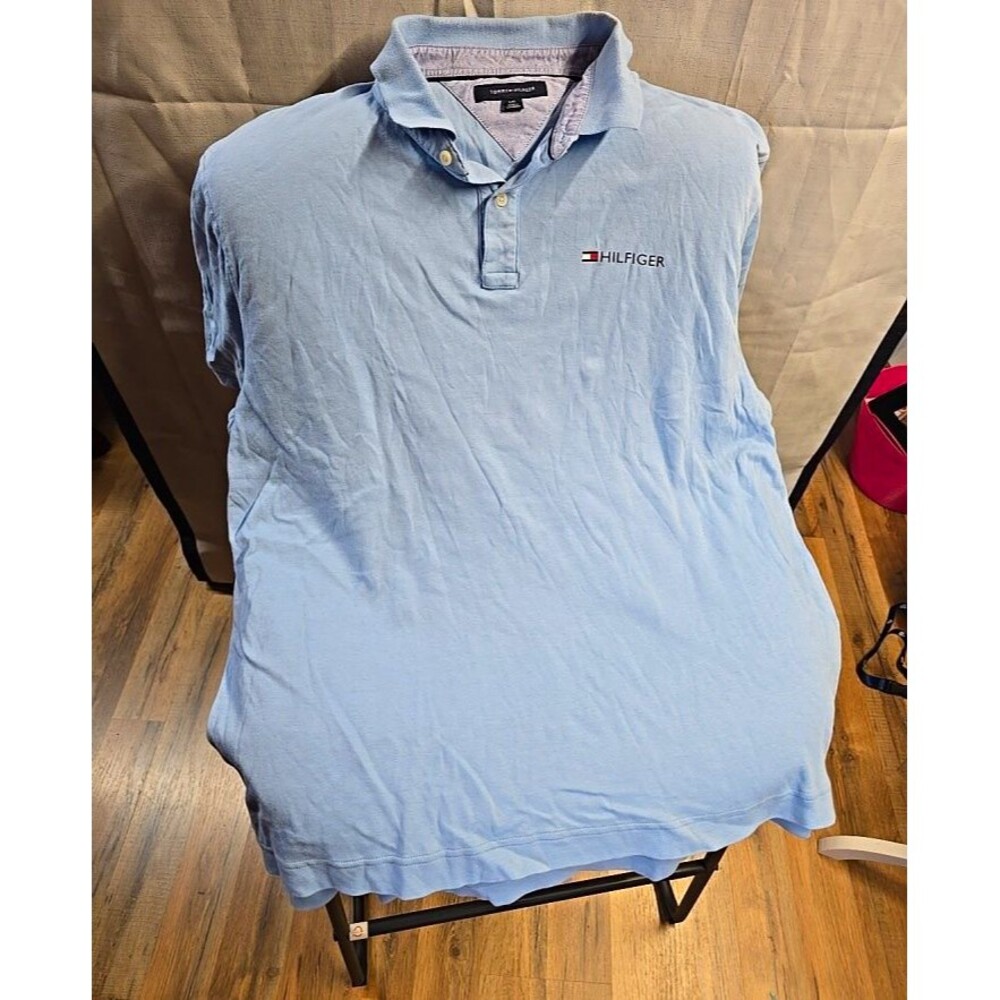 Tommy Hilfiger Mens Light Blue Solid Logo Polo Shirt Size L Short Sleeve Cotton
